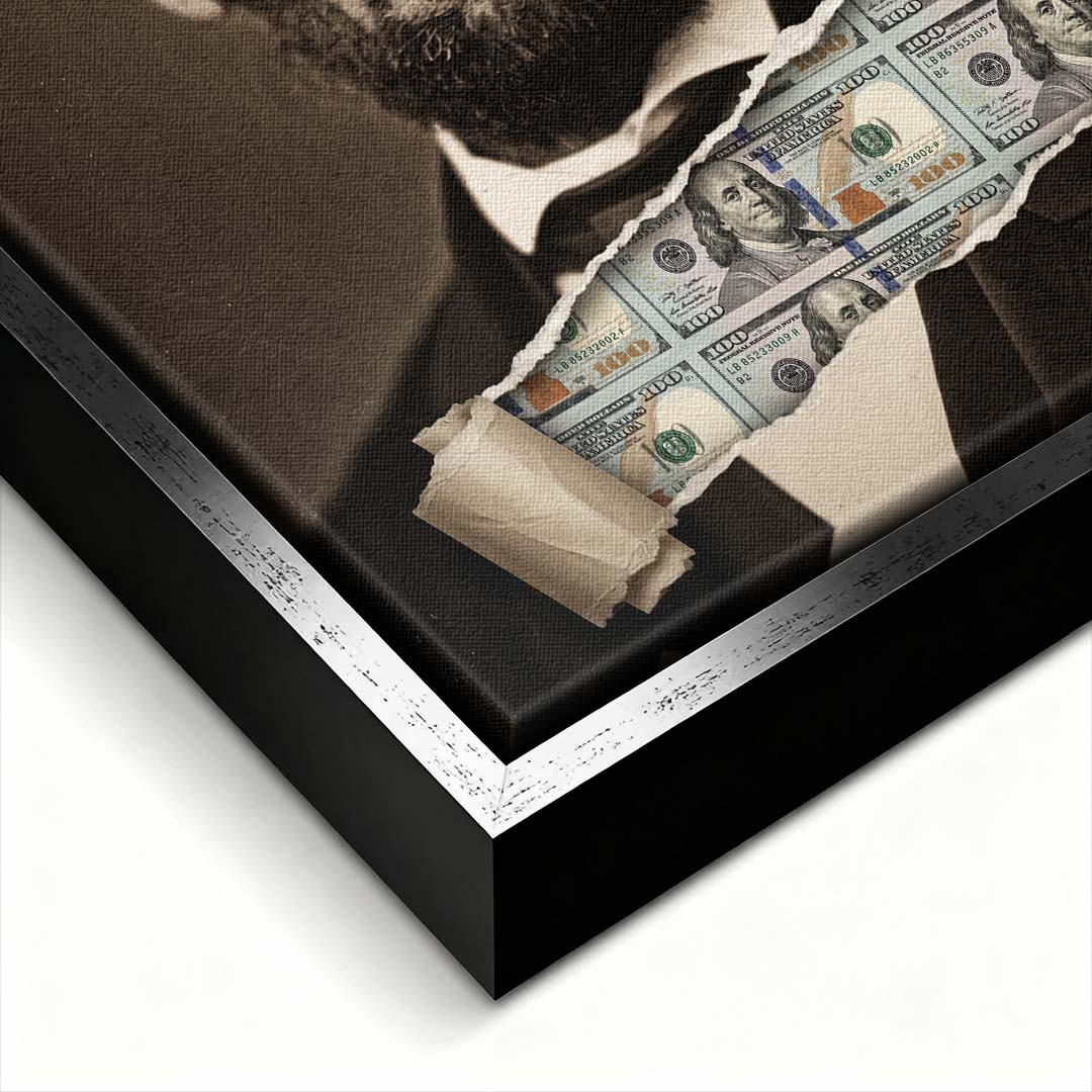 Nowoczesny obraz na płótnie Lincoln Dollar przedstawiający portret Abrahama Lincolna z efektem przedarcia odsłaniającego banknoty, wydruk galeryjny.