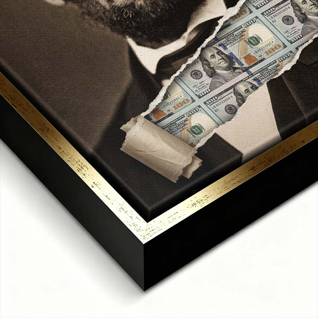 Nowoczesny obraz na płótnie Lincoln Dollar przedstawiający portret Abrahama Lincolna z efektem przedarcia odsłaniającego banknoty, wydruk galeryjny.