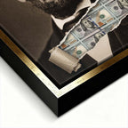 Nowoczesny obraz na płótnie Lincoln Dollar przedstawiający portret Abrahama Lincolna z efektem przedarcia odsłaniającego banknoty, wydruk galeryjny.