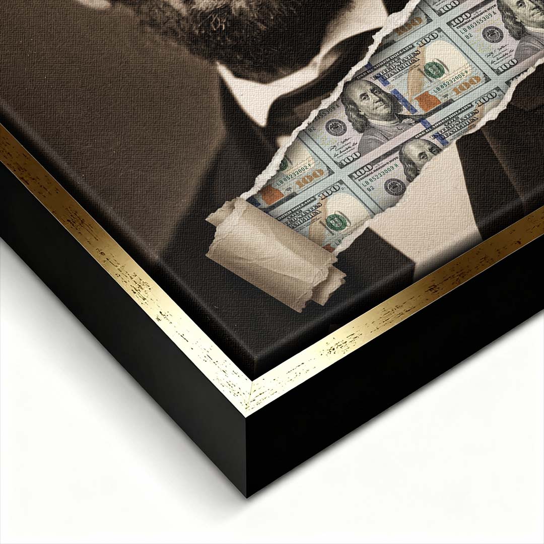 Nowoczesny obraz na płótnie Lincoln Dollar przedstawiający portret Abrahama Lincolna z efektem przedarcia odsłaniającego banknoty, wydruk galeryjny.