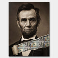 Nowoczesny obraz na płótnie Lincoln Dollar przedstawiający portret Abrahama Lincolna z efektem przedarcia odsłaniającego banknoty, wydruk galeryjny.
