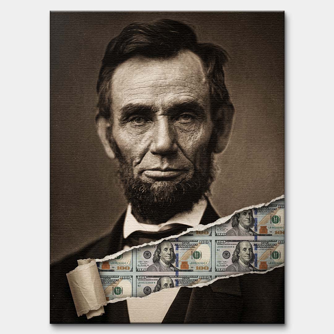 Nowoczesny obraz na płótnie Lincoln Dollar przedstawiający portret Abrahama Lincolna z efektem przedarcia odsłaniającego banknoty, wydruk galeryjny.