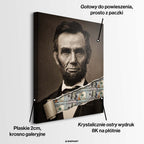 Nowoczesny obraz na płótnie Lincoln Dollar przedstawiający portret Abrahama Lincolna z efektem przedarcia odsłaniającego banknoty, wydruk galeryjny.
