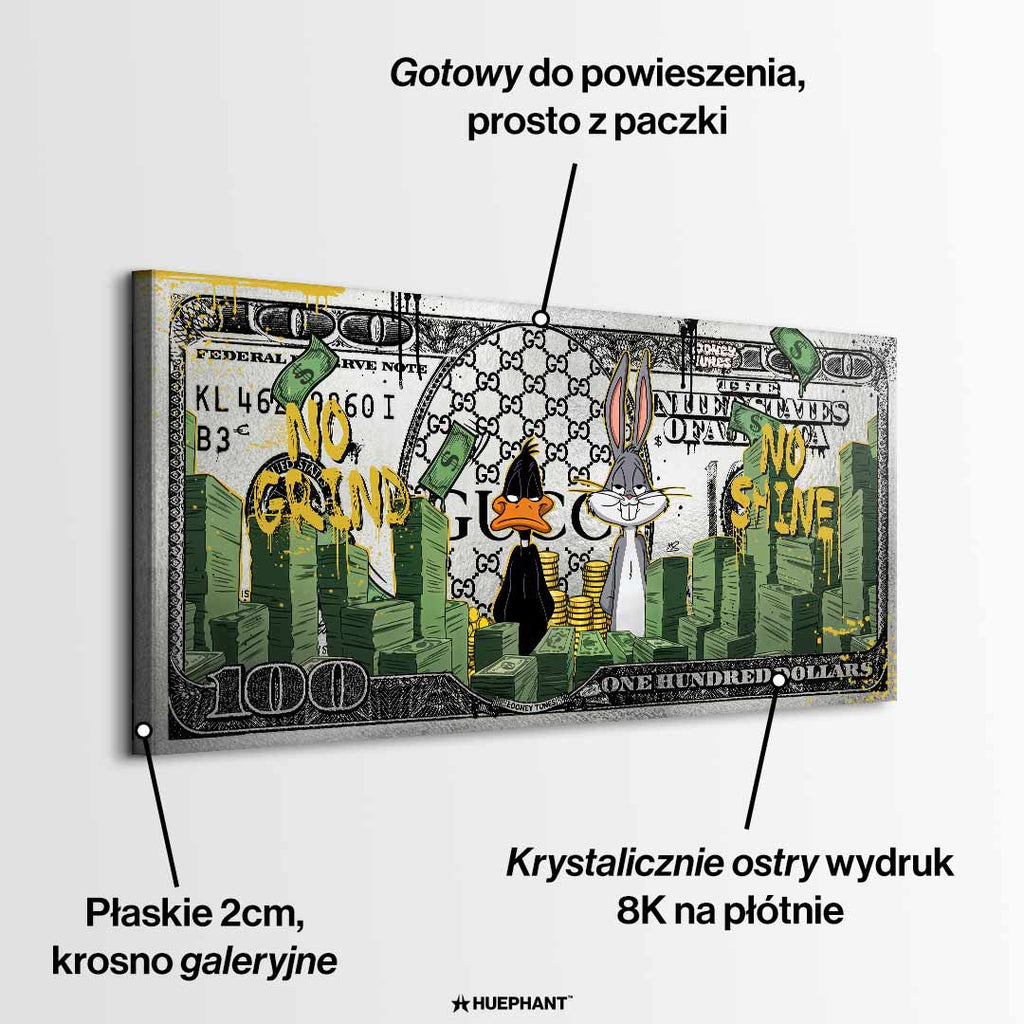 Obraz Kaczor Daffy i Królik Bugs na płótnie Money Tunes, Bugs i Daffy na tle dolarów, nowoczesna sztuka ścienna, obraz na płótnie wydruk galeryjny Huephant.