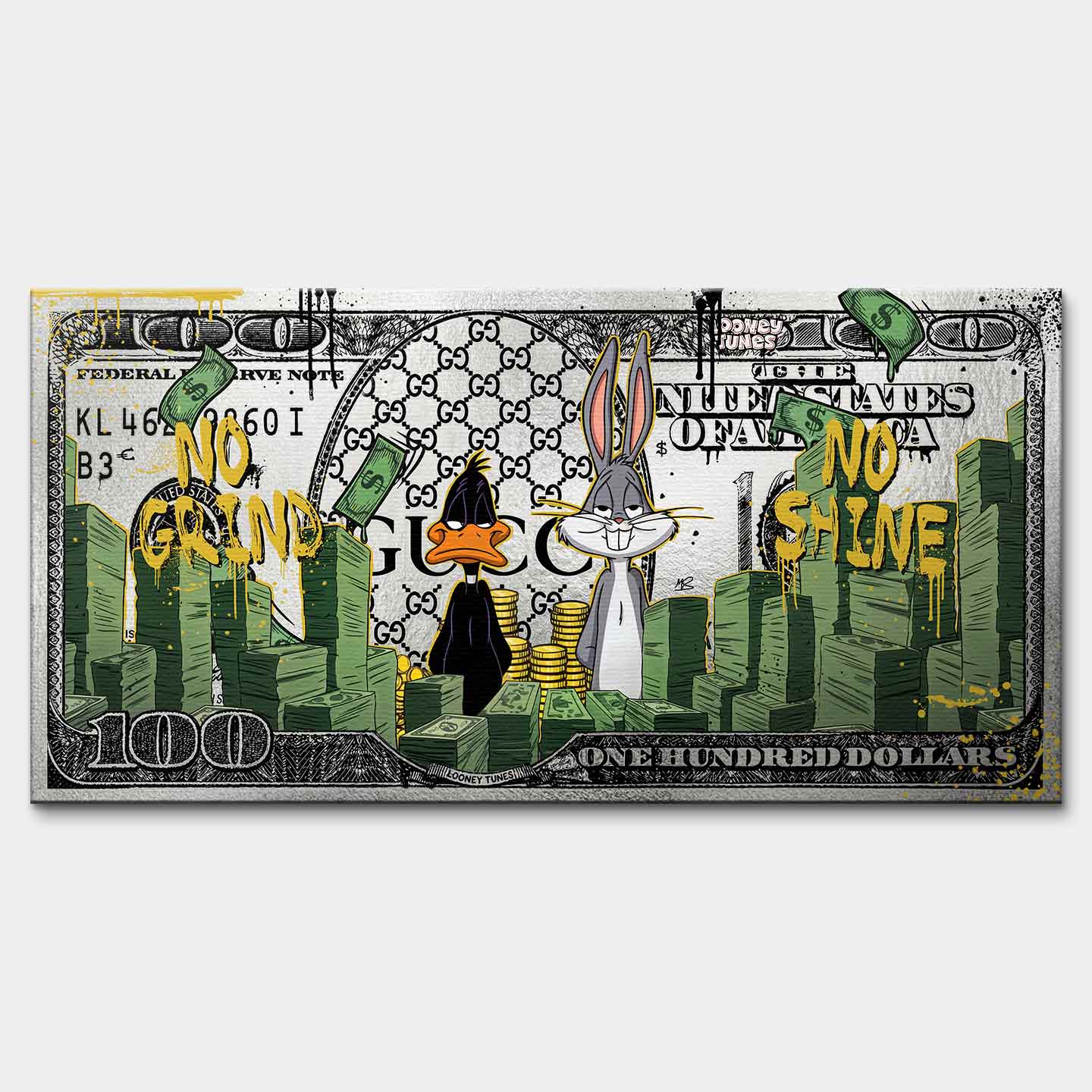 Obraz Kaczor Daffy i Królik Bugs na płótnie Money Tunes, Bugs i Daffy na tle dolarów, nowoczesna sztuka ścienna, obraz na płótnie wydruk galeryjny Huephant.