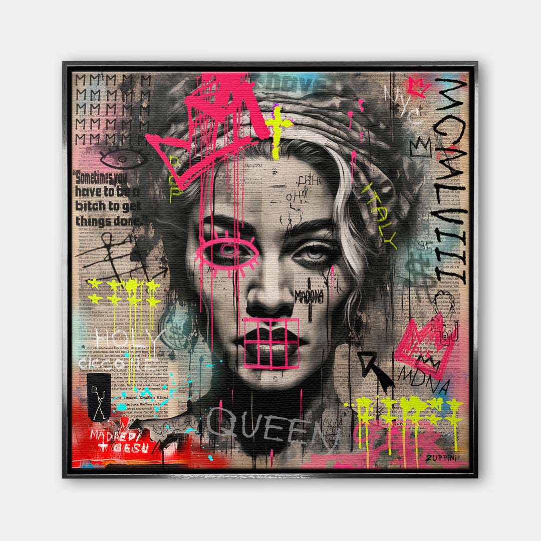 Obraz na płótnie z portretem Madonny w koronie w stylu street art z różowymi i żółtymi napisami graffiti. Nowoczesny wydruk galeryjny pop-art Huephant.