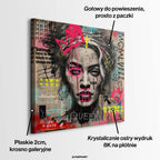 Obraz na płótnie z portretem Madonny w koronie w stylu street art z różowymi i żółtymi napisami graffiti. Nowoczesny wydruk galeryjny pop-art Huephant.