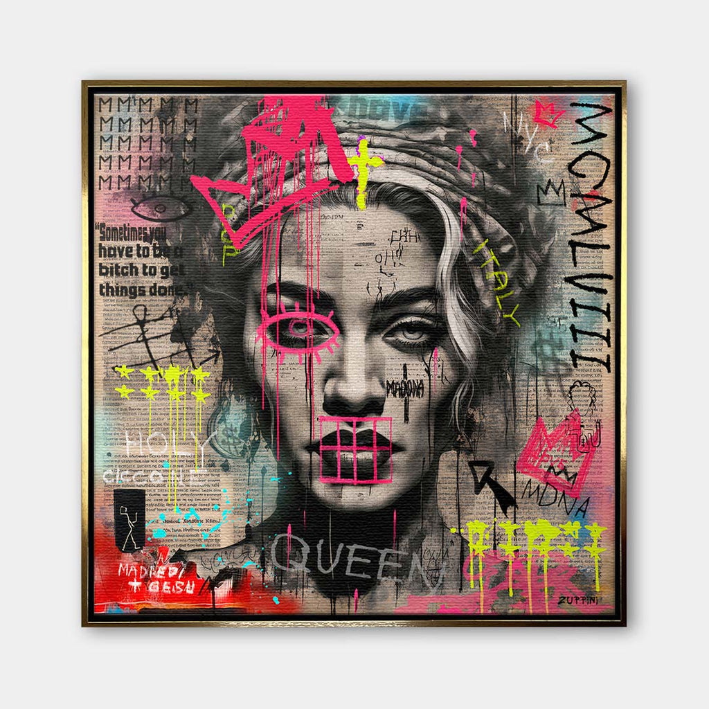 Obraz na płótnie z portretem Madonny w koronie w stylu street art z różowymi i żółtymi napisami graffiti. Nowoczesny wydruk galeryjny pop-art Huephant.