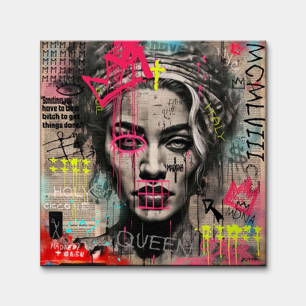 Obraz na płótnie z portretem Madonny w koronie w stylu street art z różowymi i żółtymi napisami graffiti. Nowoczesny wydruk galeryjny pop-art Huephant.