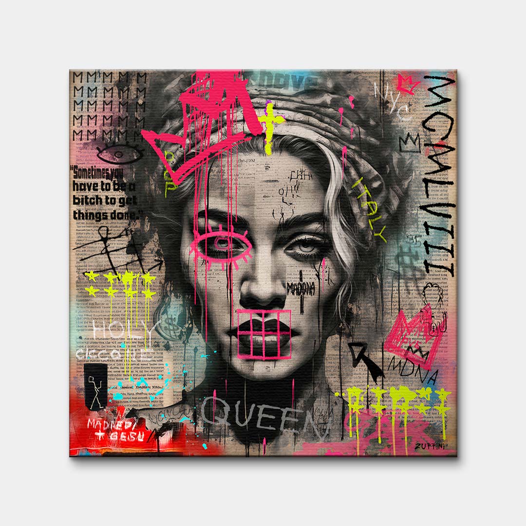 Obraz na płótnie z portretem Madonny w koronie w stylu street art z różowymi i żółtymi napisami graffiti. Nowoczesny wydruk galeryjny pop-art Huephant.