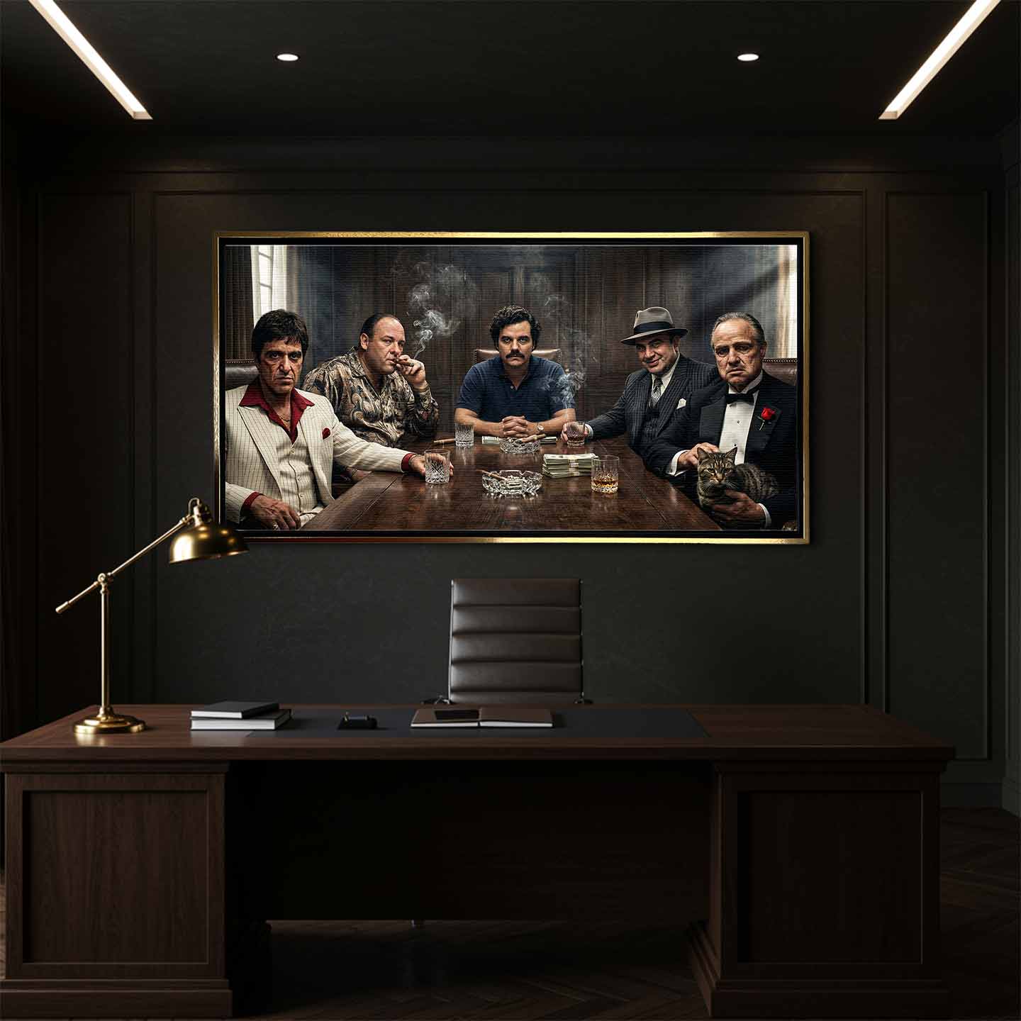 Motywacyjny obraz na płótnie Mafia Summit przedstawiający Tony Montana Scarface, Tony Soprano Gandolfini, Pablo Escobar, Al Capone i The Godfather przy jednym stole, w klimacie luksusu, władzy i mafijnej dominacji.
