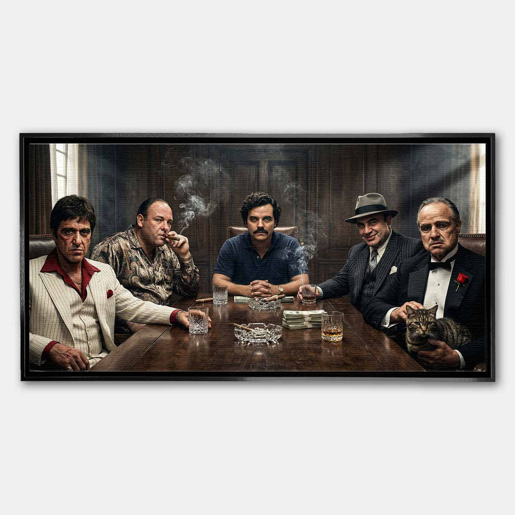 Motywacyjny obraz na płótnie Mafia Summit przedstawiający Tony Montana Scarface, Tony Soprano Gandolfini, Pablo Escobar, Al Capone i The Godfather przy jednym stole, w klimacie luksusu, władzy i mafijnej dominacji.