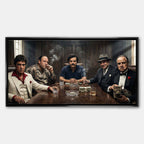 Motywacyjny obraz na płótnie Mafia Summit przedstawiający Tony Montana Scarface, Tony Soprano Gandolfini, Pablo Escobar, Al Capone i The Godfather przy jednym stole, w klimacie luksusu, władzy i mafijnej dominacji.