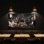 Motywacyjny obraz na płótnie Mafia Summit przedstawiający Tony Montana Scarface, Tony Soprano Gandolfini, Pablo Escobar, Al Capone i The Godfather przy jednym stole, w klimacie luksusu, władzy i mafijnej dominacji.