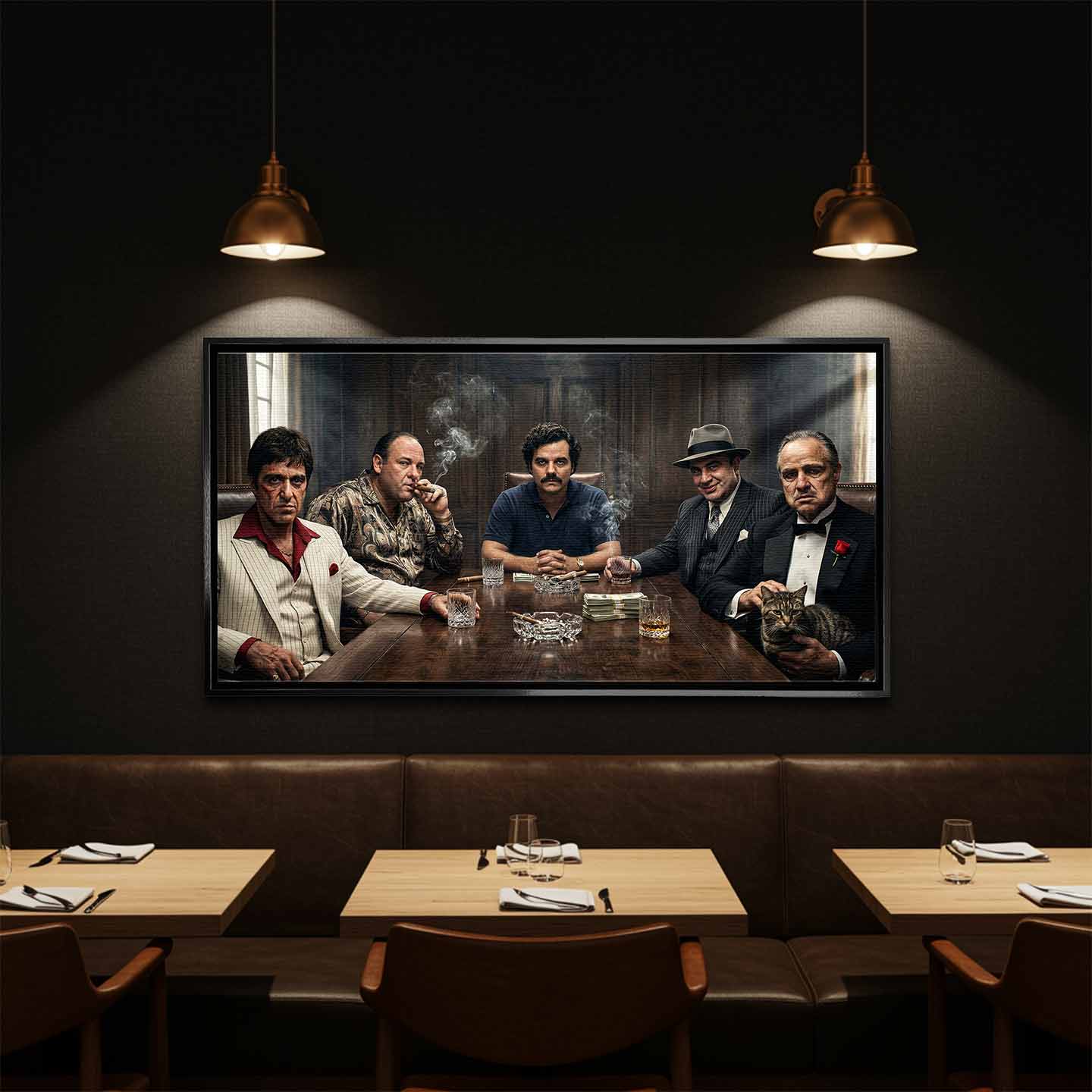Motywacyjny obraz na płótnie Mafia Summit przedstawiający Tony Montana Scarface, Tony Soprano Gandolfini, Pablo Escobar, Al Capone i The Godfather przy jednym stole, w klimacie luksusu, władzy i mafijnej dominacji.