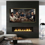 Motywacyjny obraz na płótnie Mafia Summit przedstawiający Tony Montana Scarface, Tony Soprano Gandolfini, Pablo Escobar, Al Capone i The Godfather przy jednym stole, w klimacie luksusu, władzy i mafijnej dominacji.