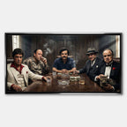 Motywacyjny obraz na płótnie Mafia Summit przedstawiający Tony Montana Scarface, Tony Soprano Gandolfini, Pablo Escobar, Al Capone i The Godfather przy jednym stole, w klimacie luksusu, władzy i mafijnej dominacji.