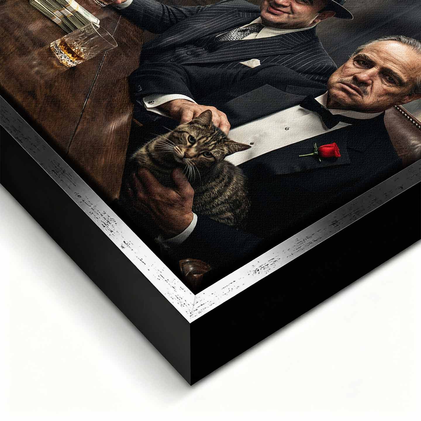 Motywacyjny obraz na płótnie Mafia Summit przedstawiający Tony Montana Scarface, Tony Soprano Gandolfini, Pablo Escobar, Al Capone i The Godfather przy jednym stole, w klimacie luksusu, władzy i mafijnej dominacji.