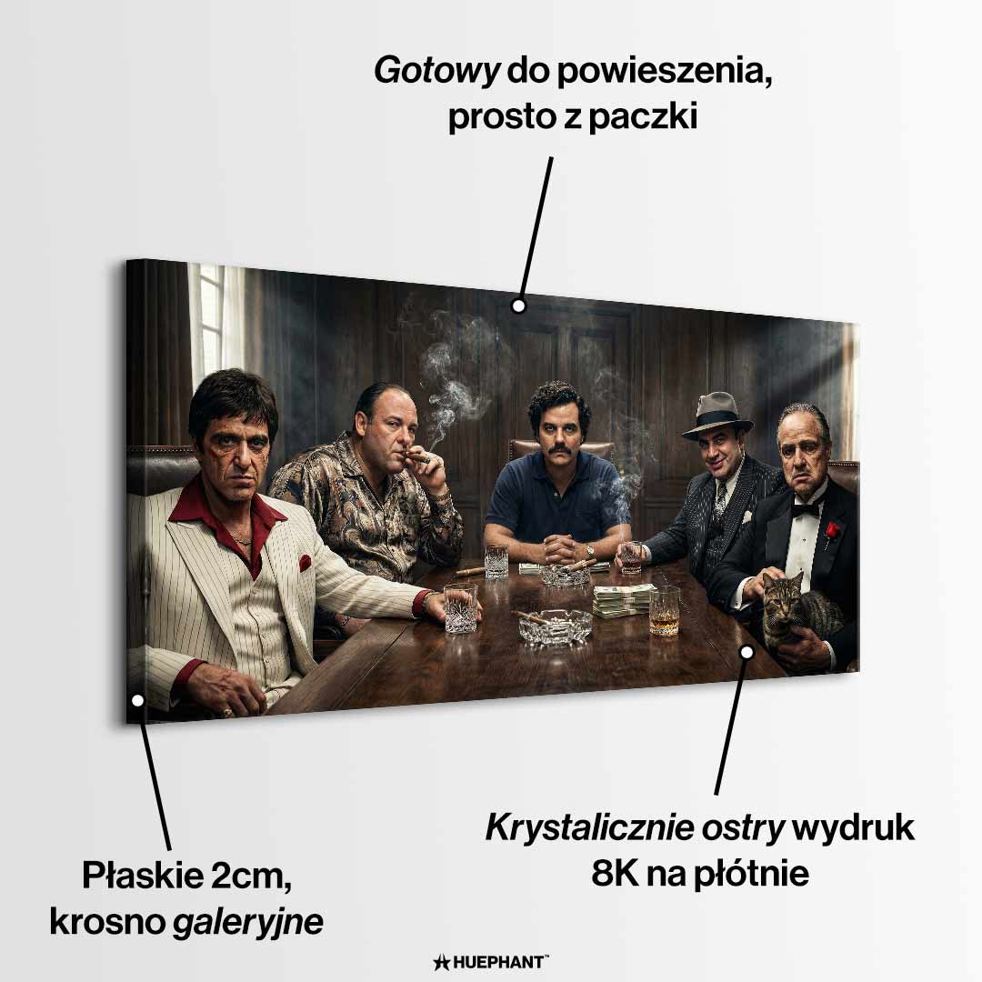 Motywacyjny obraz na płótnie Mafia Summit przedstawiający Tony Montana Scarface, Tony Soprano Gandolfini, Pablo Escobar, Al Capone i The Godfather przy jednym stole, w klimacie luksusu, władzy i mafijnej dominacji.