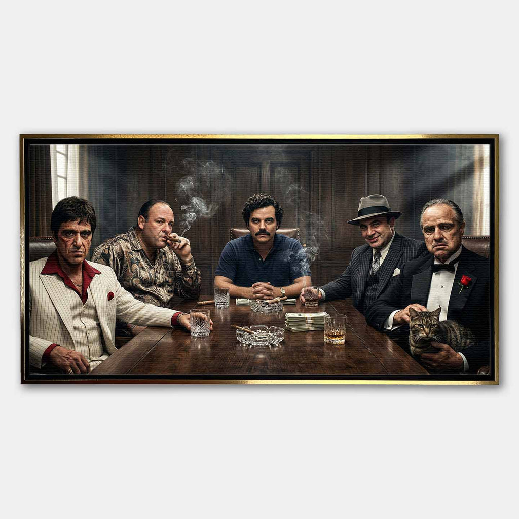 Motywacyjny obraz na płótnie Mafia Summit przedstawiający Tony Montana Scarface, Tony Soprano Gandolfini, Pablo Escobar, Al Capone i The Godfather przy jednym stole, w klimacie luksusu, władzy i mafijnej dominacji.