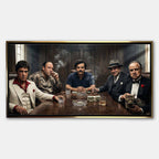 Motywacyjny obraz na płótnie Mafia Summit przedstawiający Tony Montana Scarface, Tony Soprano Gandolfini, Pablo Escobar, Al Capone i The Godfather przy jednym stole, w klimacie luksusu, władzy i mafijnej dominacji.