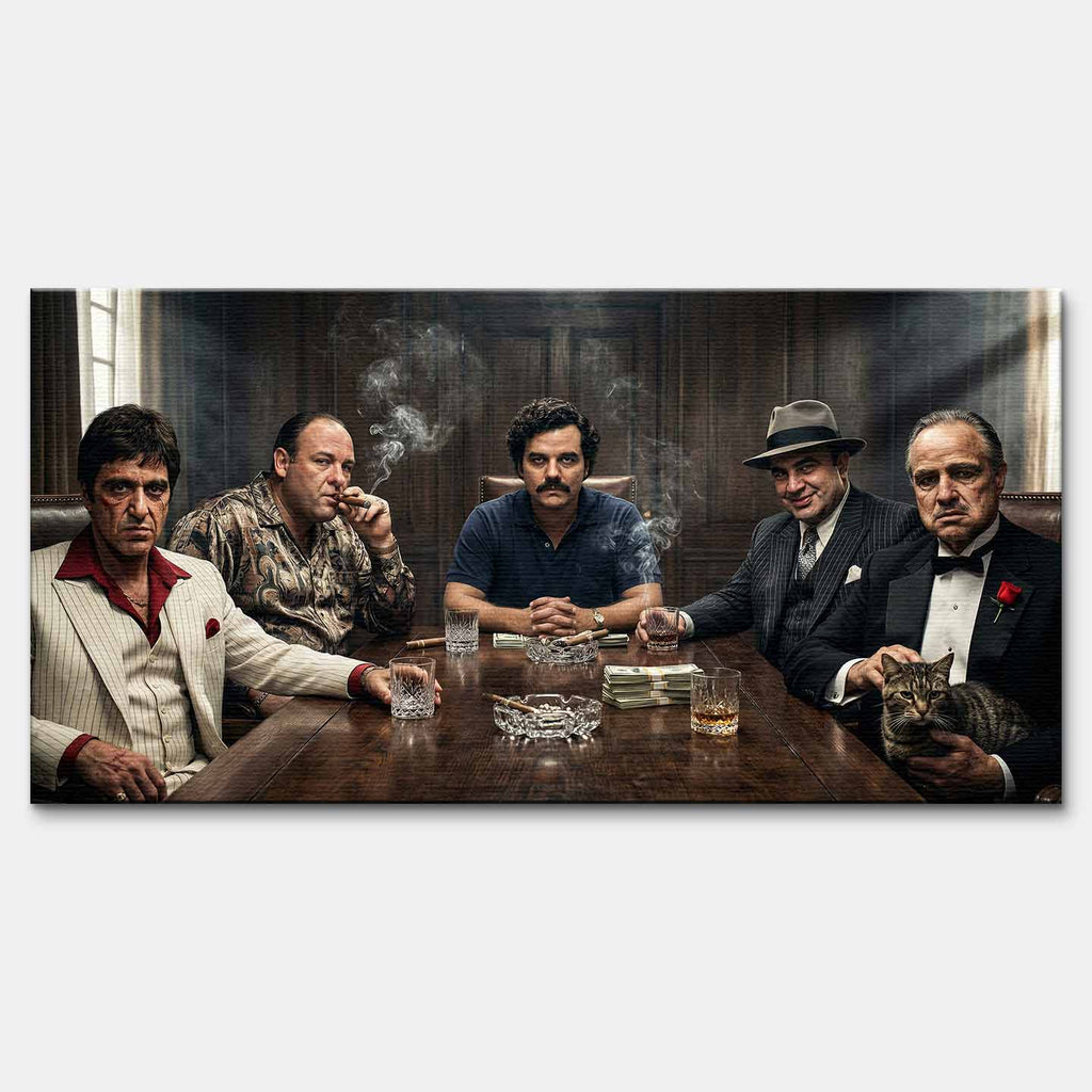 Motywacyjny obraz na płótnie Mafia Summit przedstawiający Tony Montana Scarface, Tony Soprano Gandolfini, Pablo Escobar, Al Capone i The Godfather przy jednym stole, w klimacie luksusu, władzy i mafijnej dominacji.