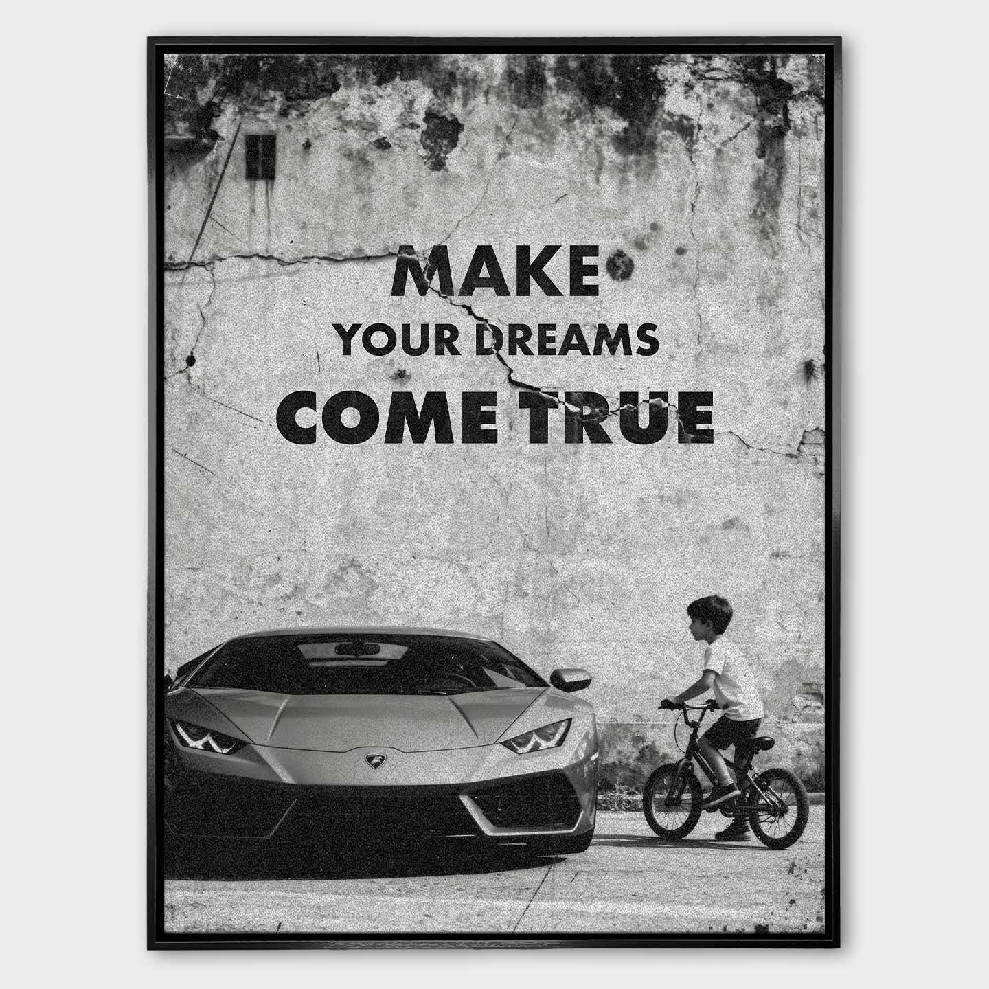 Obraz motywacyjny na płótnie „Make Your Dreams Come True” – czarno-biała scena z Lamborghini i chłopcem na rowerze, z napisem motywacyjnym.