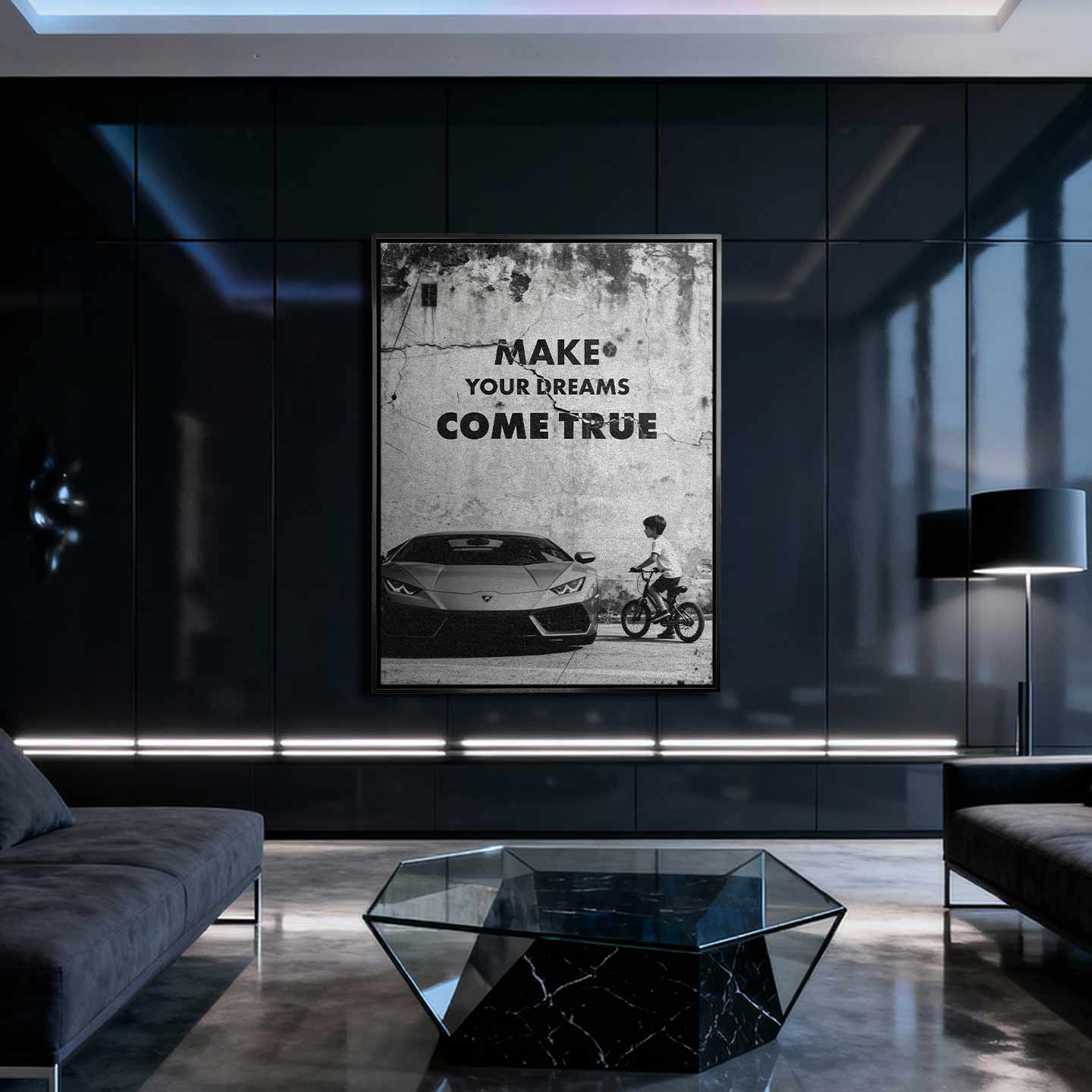 Obraz motywacyjny na płótnie „Make Your Dreams Come True” – czarno-biała scena z Lamborghini i chłopcem na rowerze, z napisem motywacyjnym.
