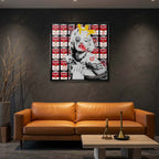 Obraz na płótnie przedstawiający Marilyn Monroe na tle puszek zupy Campbell's w stylu graffiti z napisem Be Free. Nowoczesny wydruk galeryjny pop-art.