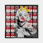 Obraz na płótnie przedstawiający Marilyn Monroe na tle puszek zupy Campbell's w stylu graffiti z napisem Be Free. Nowoczesny wydruk galeryjny pop-art.