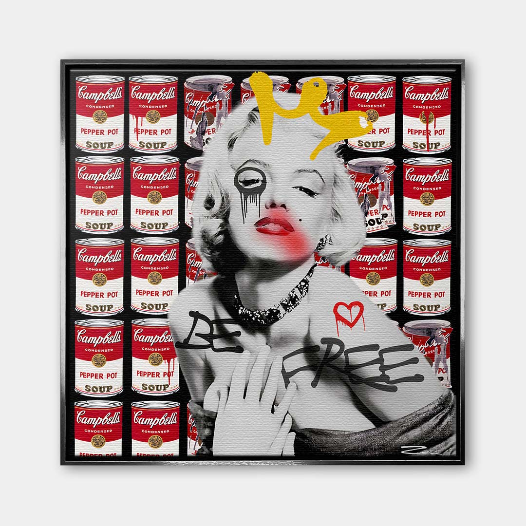 Obraz na płótnie przedstawiający Marilyn Monroe na tle puszek zupy Campbell's w stylu graffiti z napisem Be Free. Nowoczesny wydruk galeryjny pop-art.