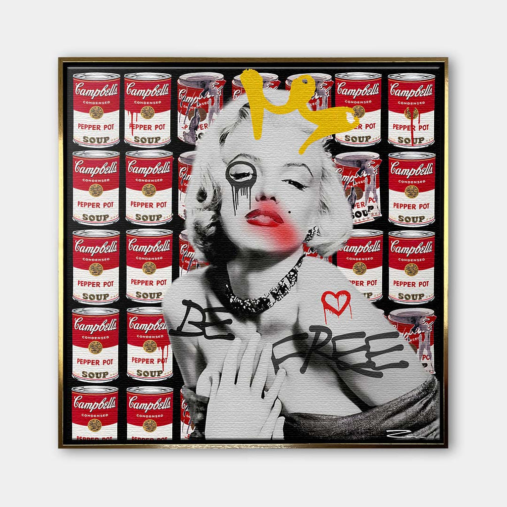 Obraz na płótnie przedstawiający Marilyn Monroe na tle puszek zupy Campbell's w stylu graffiti z napisem Be Free. Nowoczesny wydruk galeryjny pop-art.