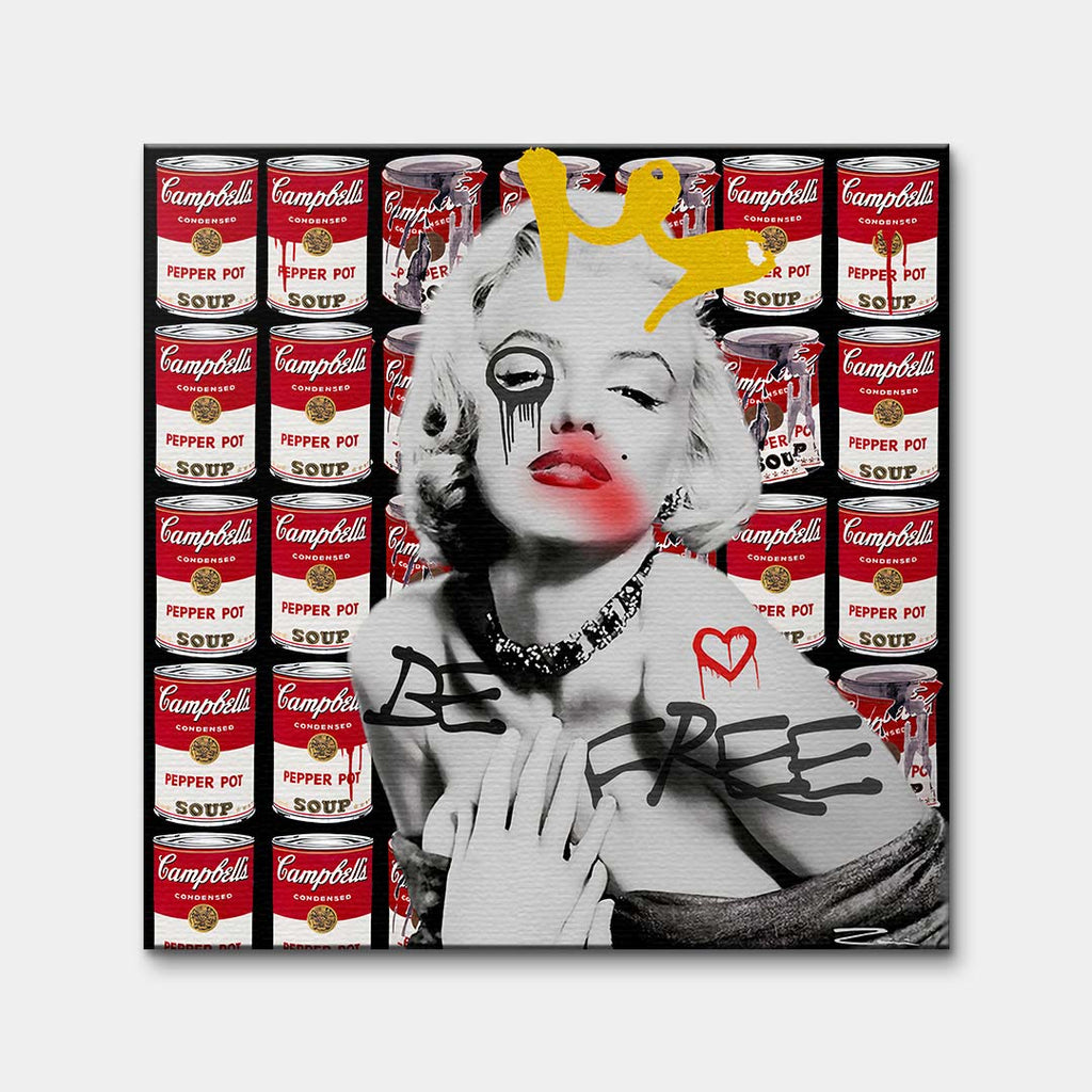 Obraz na płótnie przedstawiający Marilyn Monroe na tle puszek zupy Campbell's w stylu graffiti z napisem Be Free. Nowoczesny wydruk galeryjny pop-art.
