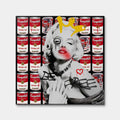 Obraz na płótnie przedstawiający Marilyn Monroe na tle puszek zupy Campbell's w stylu graffiti z napisem Be Free. Nowoczesny wydruk galeryjny pop-art.