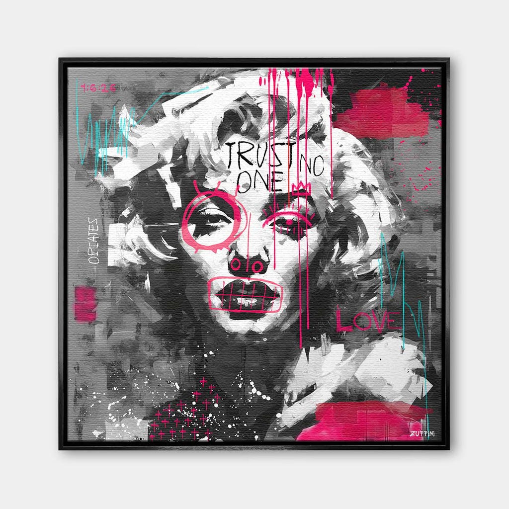 Czarno-biały obraz na płótnie z portretem Marilyn Monroe, napisem Trust No One i różowym graffiti. Nowoczesny wydruk galeryjny pop-art Huephant.