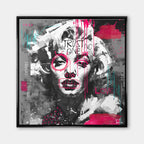 Czarno-biały obraz na płótnie z portretem Marilyn Monroe, napisem Trust No One i różowym graffiti. Nowoczesny wydruk galeryjny pop-art Huephant.