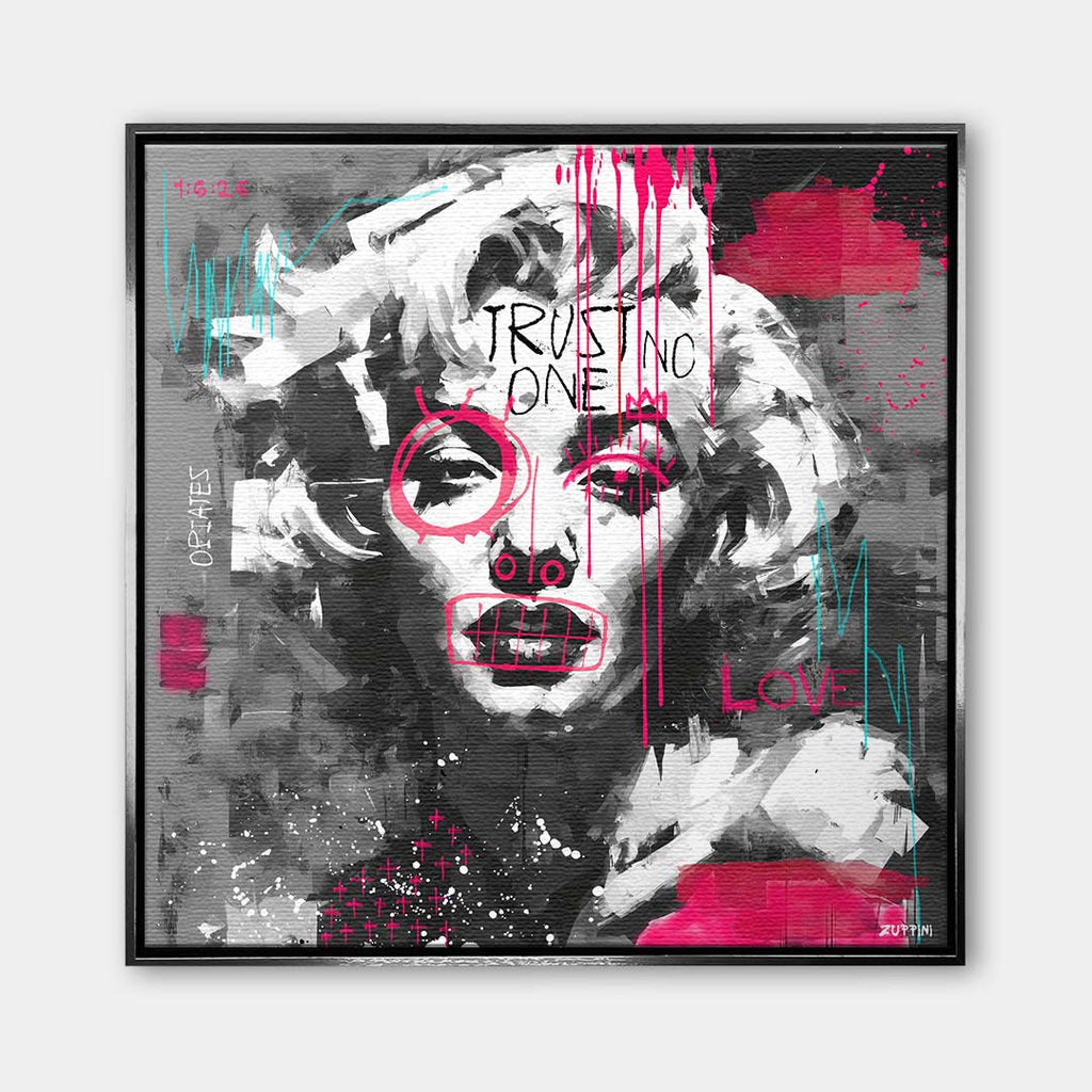 Czarno-biały obraz na płótnie z portretem Marilyn Monroe, napisem Trust No One i różowym graffiti. Nowoczesny wydruk galeryjny pop-art Huephant.