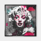 Czarno-biały obraz na płótnie z portretem Marilyn Monroe, napisem Trust No One i różowym graffiti. Nowoczesny wydruk galeryjny pop-art Huephant.