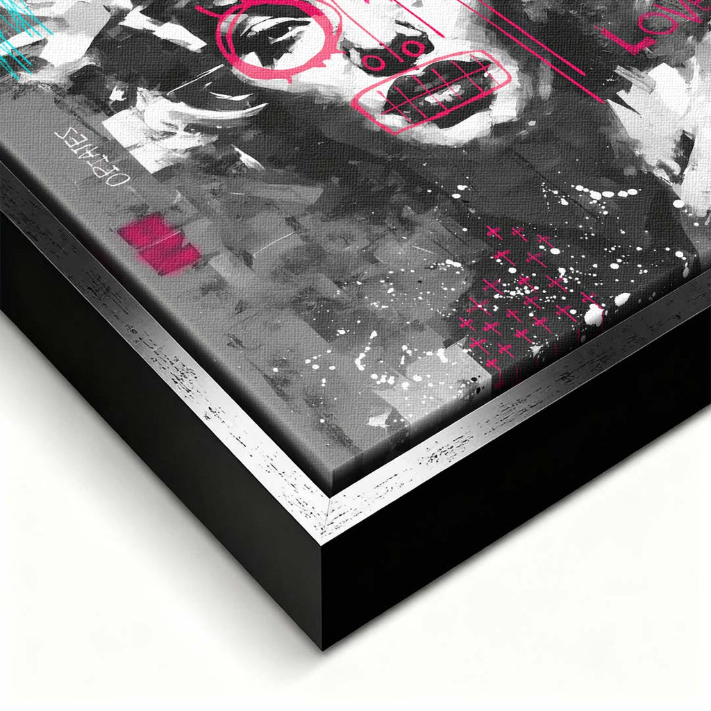 Czarno-biały obraz na płótnie z portretem Marilyn Monroe, napisem Trust No One i różowym graffiti. Nowoczesny wydruk galeryjny pop-art Huephant.