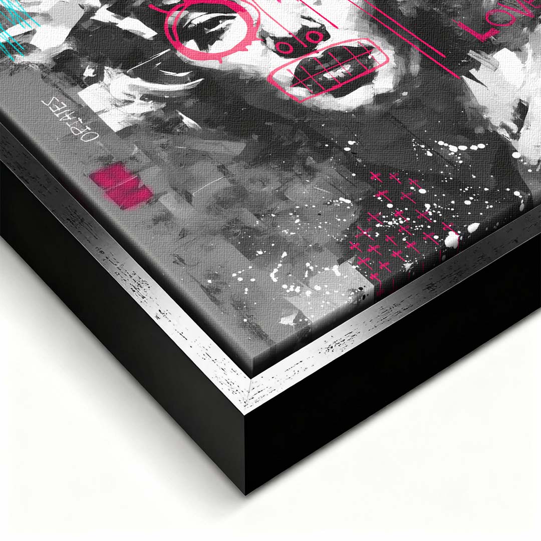 Czarno-biały obraz na płótnie z portretem Marilyn Monroe, napisem Trust No One i różowym graffiti. Nowoczesny wydruk galeryjny pop-art Huephant.