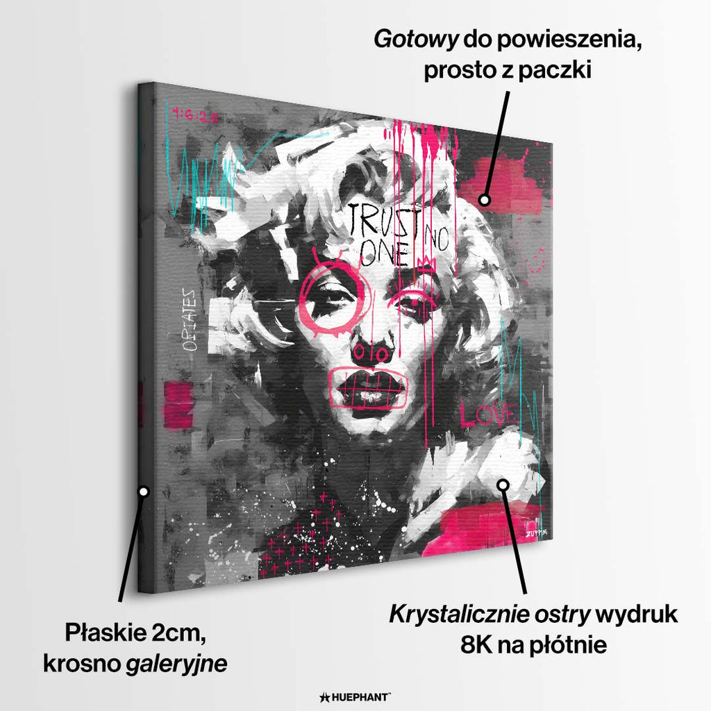 Czarno-biały obraz na płótnie z portretem Marilyn Monroe, napisem Trust No One i różowym graffiti. Nowoczesny wydruk galeryjny pop-art Huephant.