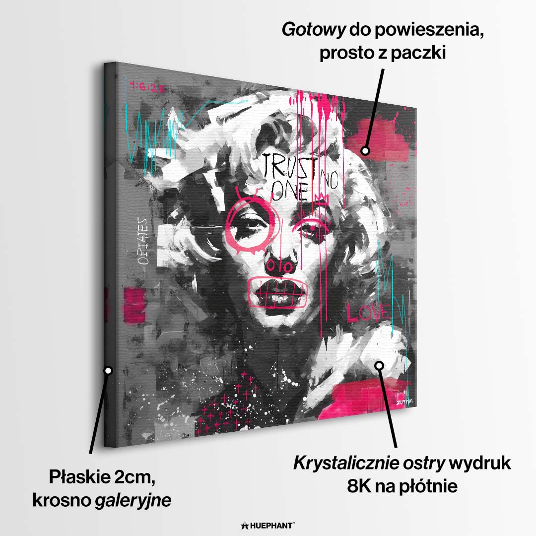Czarno-biały obraz na płótnie z portretem Marilyn Monroe, napisem Trust No One i różowym graffiti. Nowoczesny wydruk galeryjny pop-art Huephant.