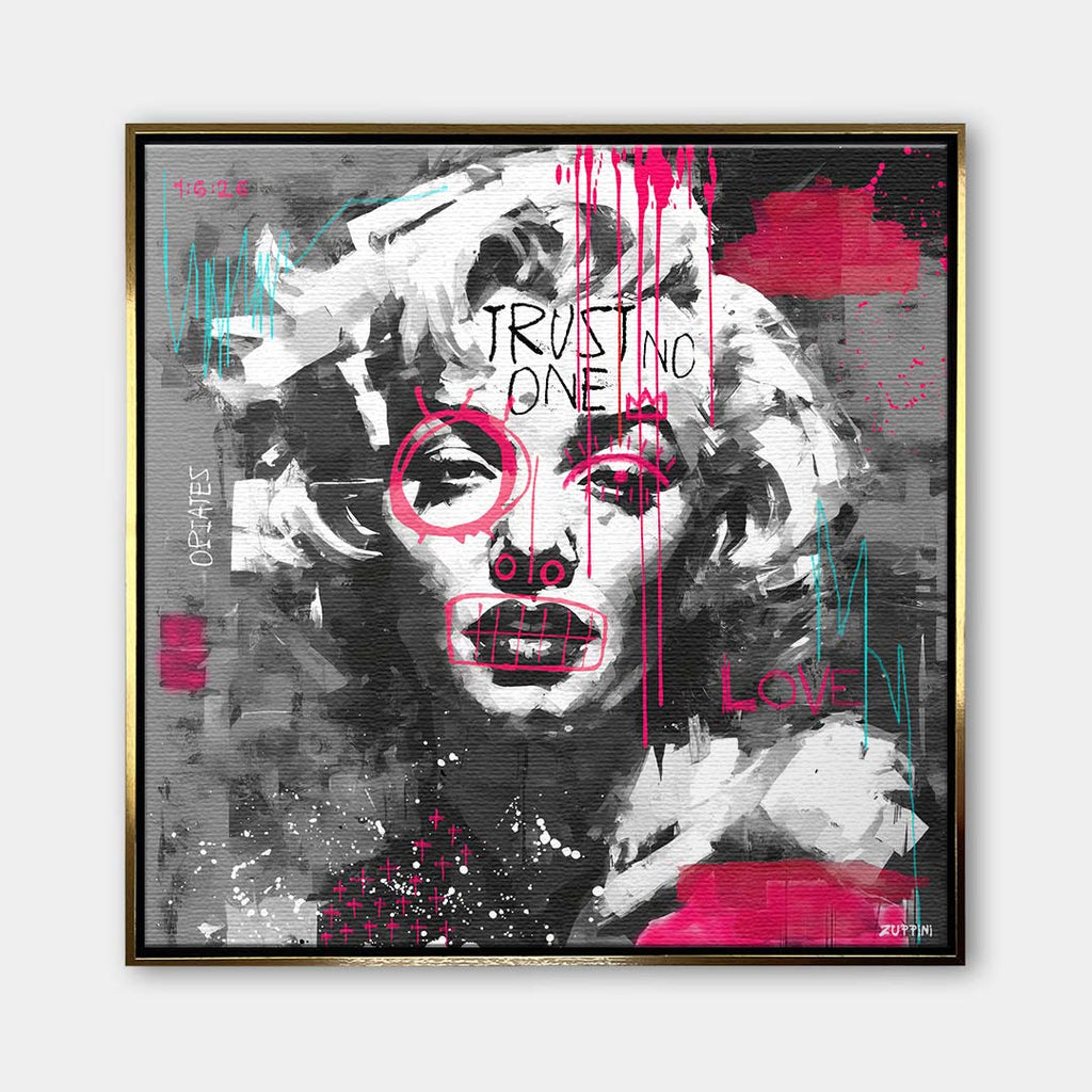 Czarno-biały obraz na płótnie z portretem Marilyn Monroe, napisem Trust No One i różowym graffiti. Nowoczesny wydruk galeryjny pop-art Huephant.