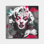 Czarno-biały obraz na płótnie z portretem Marilyn Monroe, napisem Trust No One i różowym graffiti. Nowoczesny wydruk galeryjny pop-art Huephant.