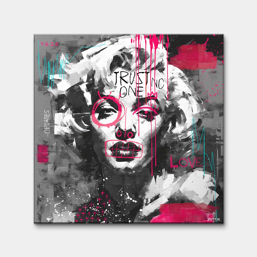 Czarno-biały obraz na płótnie z portretem Marilyn Monroe, napisem Trust No One i różowym graffiti. Nowoczesny wydruk galeryjny pop-art Huephant.