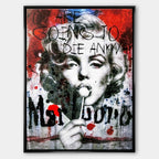 Nowoczesny obraz na płótnie Marilyn Monroe Marlboro. Wydruk galeryjny pop art z lizakiem, czarnym napisem Marlboro i tekstem You are going to die anyway.