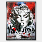 Nowoczesny obraz na płótnie Marilyn Monroe Marlboro. Wydruk galeryjny pop art z lizakiem, czarnym napisem Marlboro i tekstem You are going to die anyway.