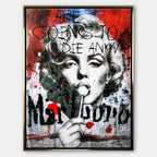 Nowoczesny obraz na płótnie Marilyn Monroe Marlboro. Wydruk galeryjny pop art z lizakiem, czarnym napisem Marlboro i tekstem You are going to die anyway.