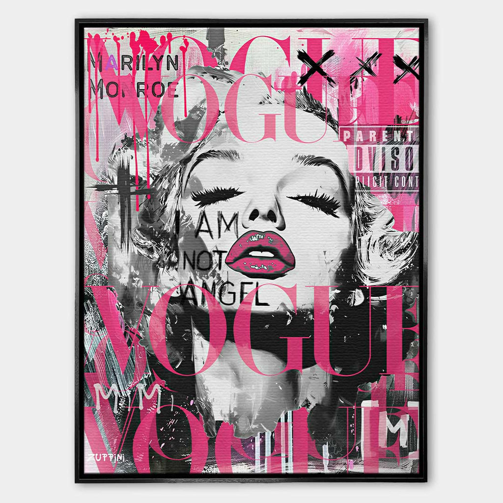 Obraz na płótnie przedstawiający Marilyn Monroe w stylu pop-art z różowym logo Vogue i napisami graffiti. Nowoczesny wydruk galeryjny.