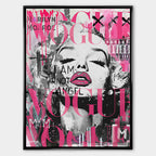 Obraz na płótnie przedstawiający Marilyn Monroe w stylu pop-art z różowym logo Vogue i napisami graffiti. Nowoczesny wydruk galeryjny.